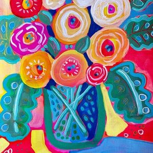 SOLD! Original Painting Colorful Abstract Flowers Acrylic 9" x 12" Paper Signed